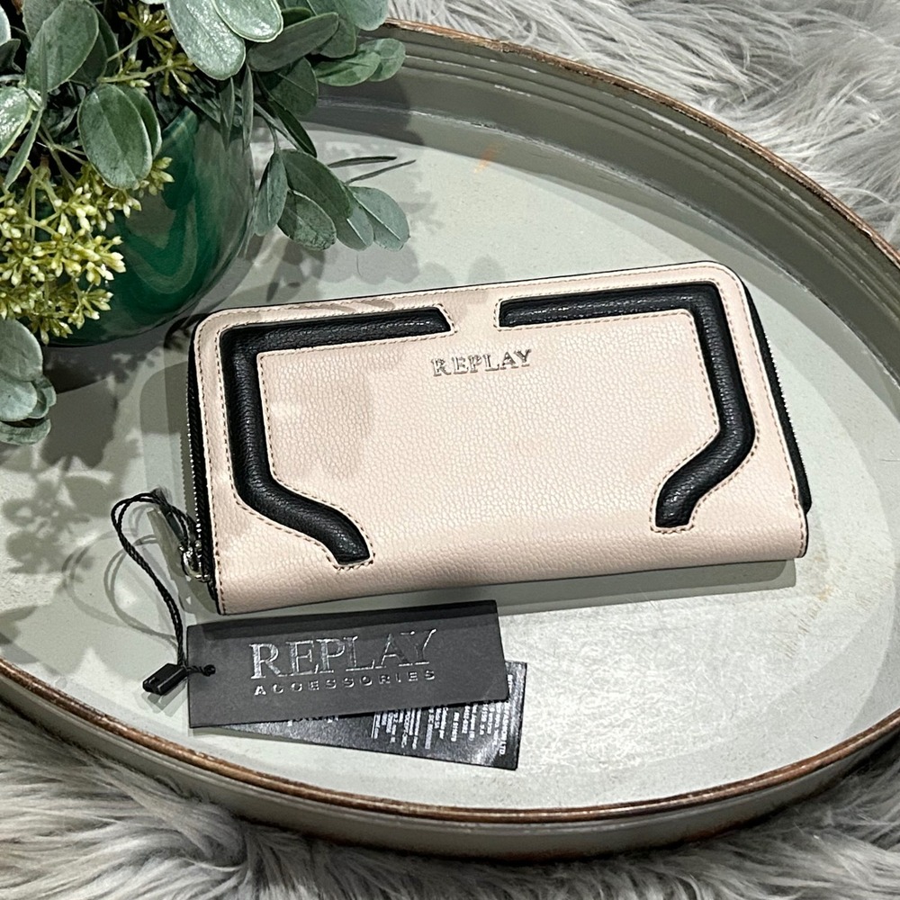 REPLAY Accessories Wallet Beige Black Zip Around Clutch Purse New